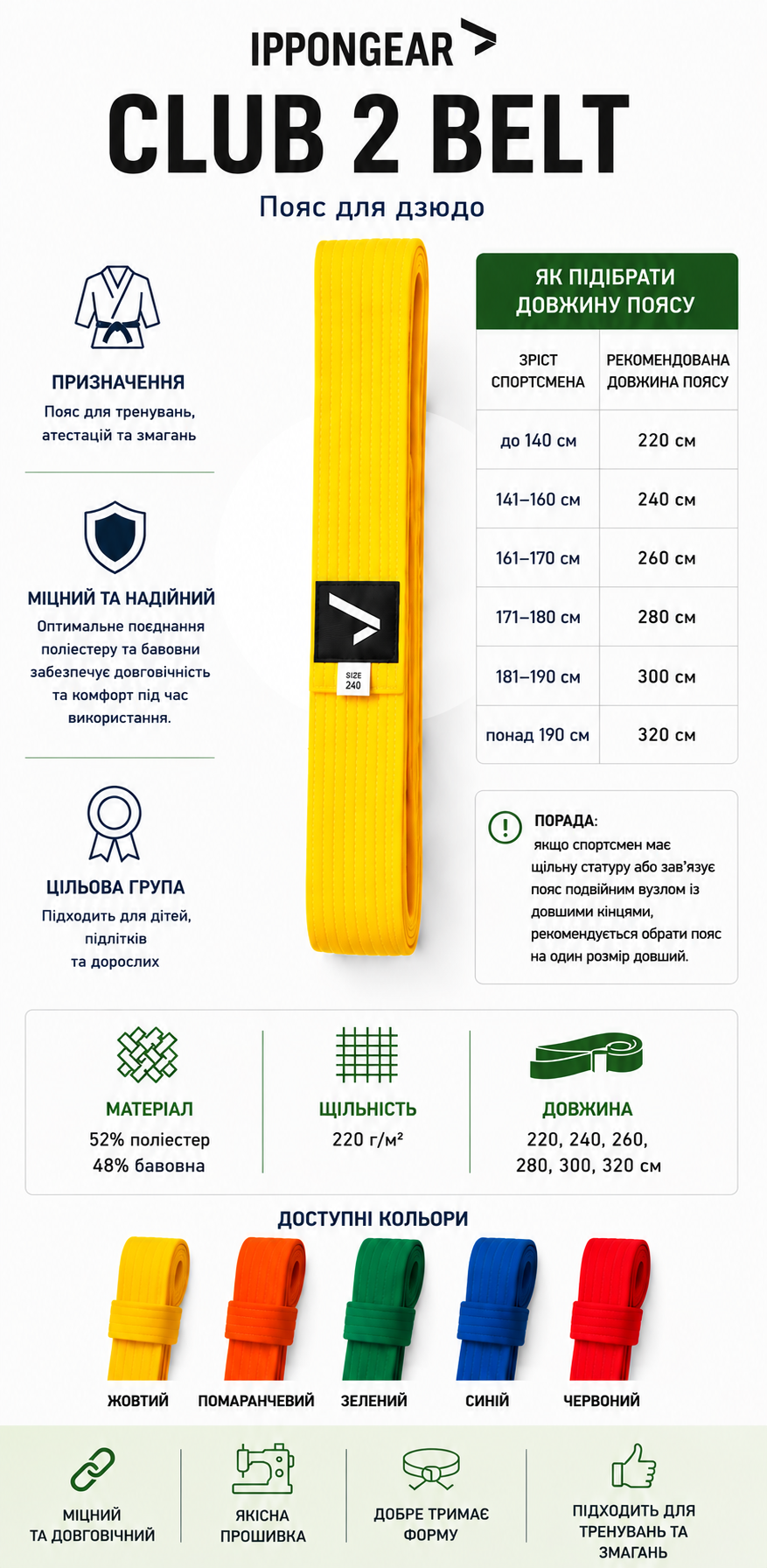 Жовтий пояс для дзюдо IPPONGEAR, серія CLUB 2, довжина 220 см 7