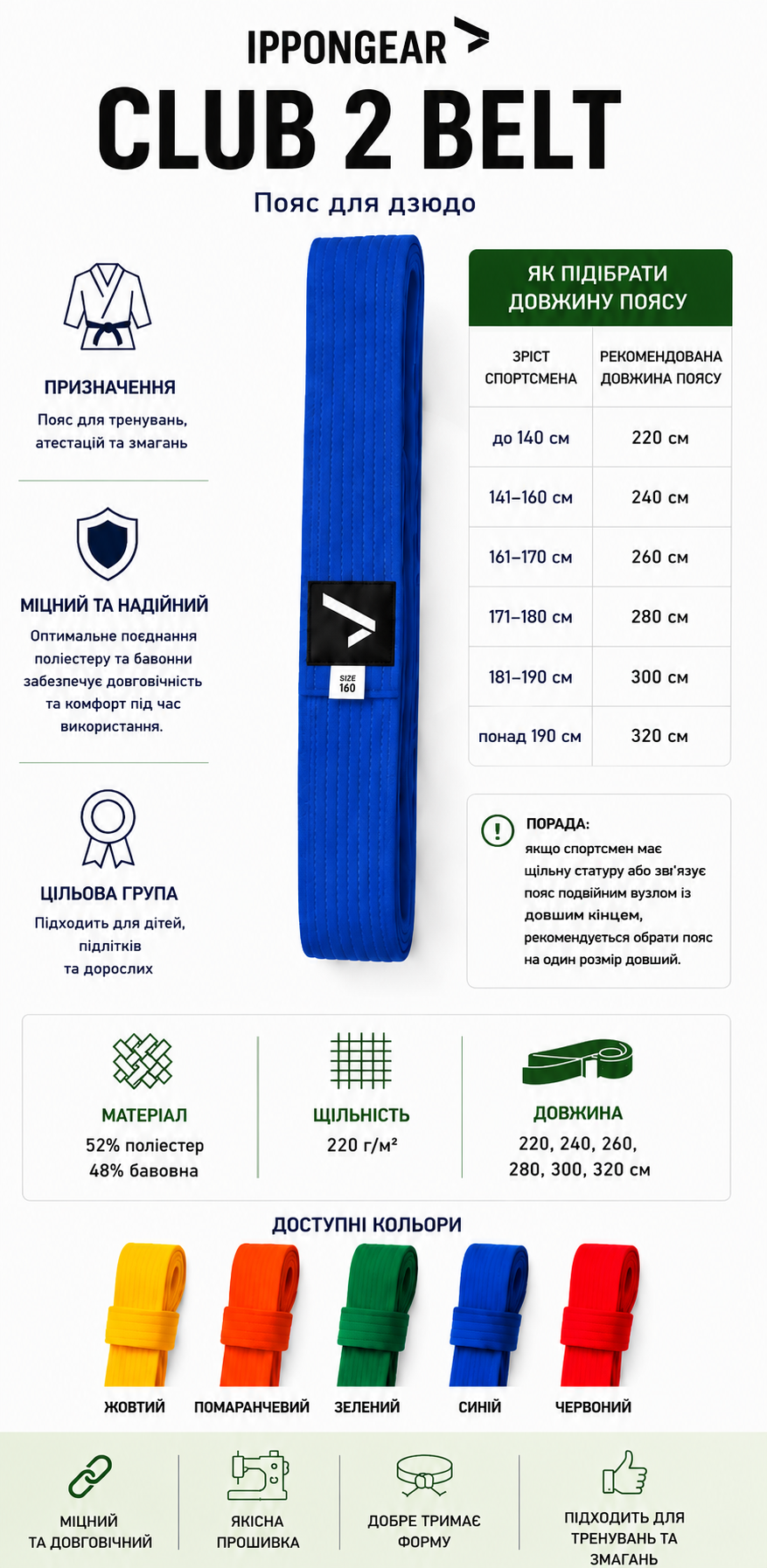 Синій пояс для дзюдо IPPONGEAR, серія CLUB 2, довжина 320 см 7