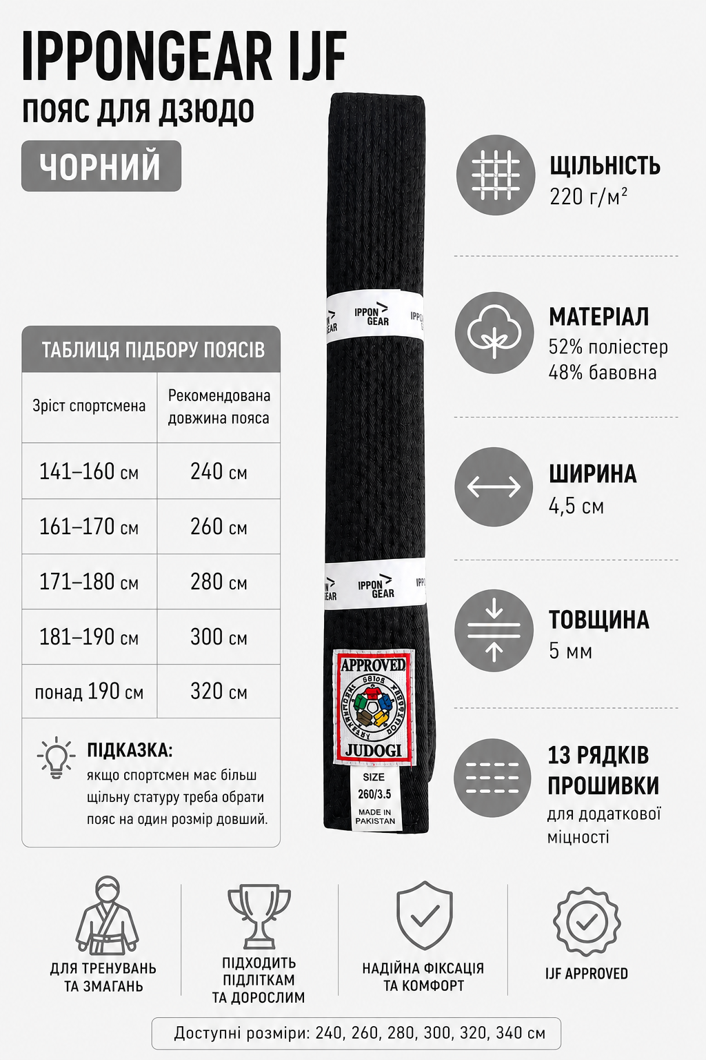 Чорний ліцензійний пояс для дзюдо IPPONGEAR, серія IJF, довжина 340 см 7